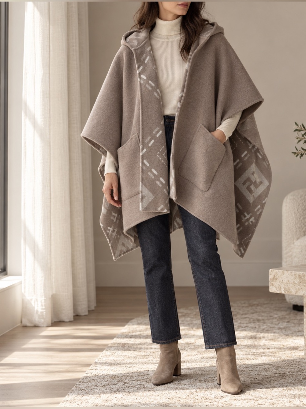 Fendi Taupe Hooded Wool-Blend Cape with Geometric Trim with Dust Bag.